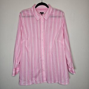 Talbots‎ Womens 2X Striped Button Up Top Pink White Long Sleeve Career Casual